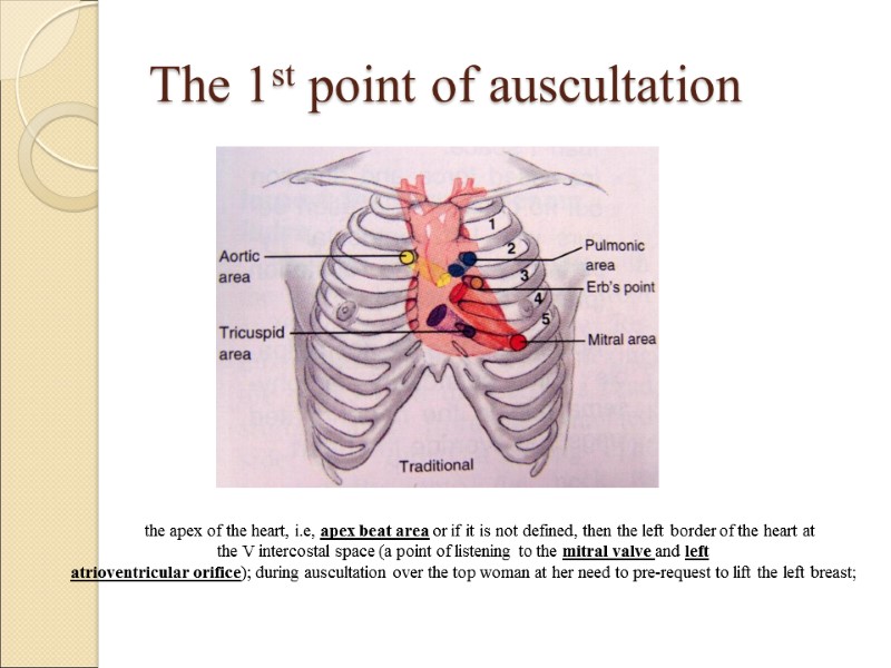 The 1st point of auscultation the apex of the heart, i.e, apex beat area